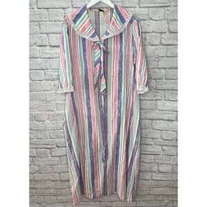 Vintage Improved Living Striped Robe House Coat Size L Ruffle Lace Button Pink